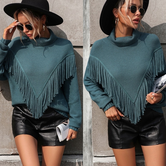 Esme Fringe Turtleneck Sweater - Teal - Picture 1 of 6